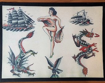 Brooklyn Joe Lieber Traditional Vintage Style Tattoo Flash Sheet 11x15" Dragon