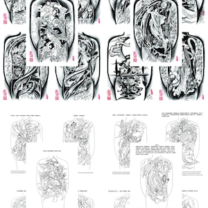 Traditional Japanese Tattoo Flash 10 Sheets With Line Work, 11x17&quot; Geisha Girl, Back Piece 1, Dragons, Fantasy Art, Black And Gray Tattoo