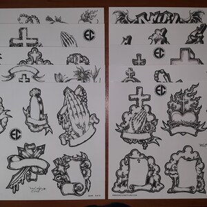 Black And Gray Religious Tattoo Flash 10 Sheets W/ Lines, 11x14 Praying Hands, Sacred Heart, Memorial, Crosses, ECT.  MONEY MAKERS