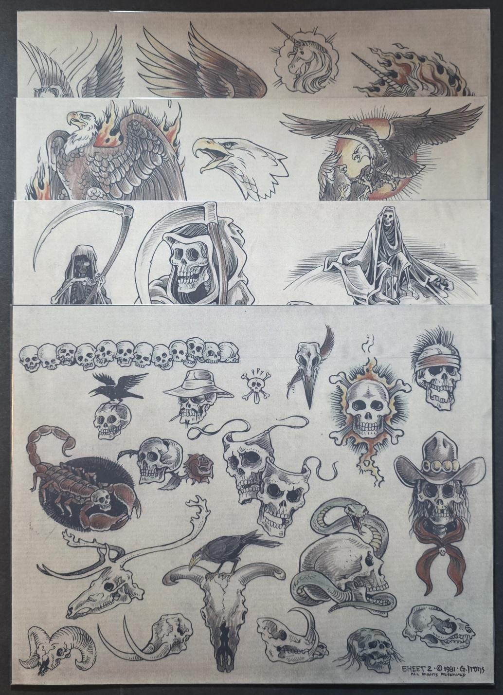 SET Of 4 1981 Greg Irons Traditional Vintage Tattoo Flash Set Production Sheets, Laminated On Art Board.