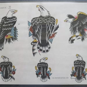 Può includere: Un foglio di disegni per tatuaggi con la scritta SHEET # 3 e ALL TATTOO'S ACTUAL SIZE che presenta sei illustrazioni di aquile calve in varie pose. Le aquile sono realizzate con inchiostro nero, bianco, giallo, rosso e blu, appollaiate su rocce o fiori.