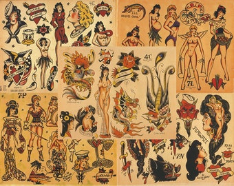 May include: A collection of vintage tattoo flash art featuring various designs. The artwork includes pin-up girls, nautical themes, dragons, roses, and banners with text. The color palette is primarily red, yellow, and black on a tan background.