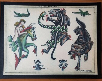 May include: A vintage tattoo flash sheet with a variety of traditional designs, including a mermaid riding a seahorse, a panther fighting a snake, a wolf, a mouse, and two lizards. The sheet is signed "Joe Lieber" in the bottom right corner.