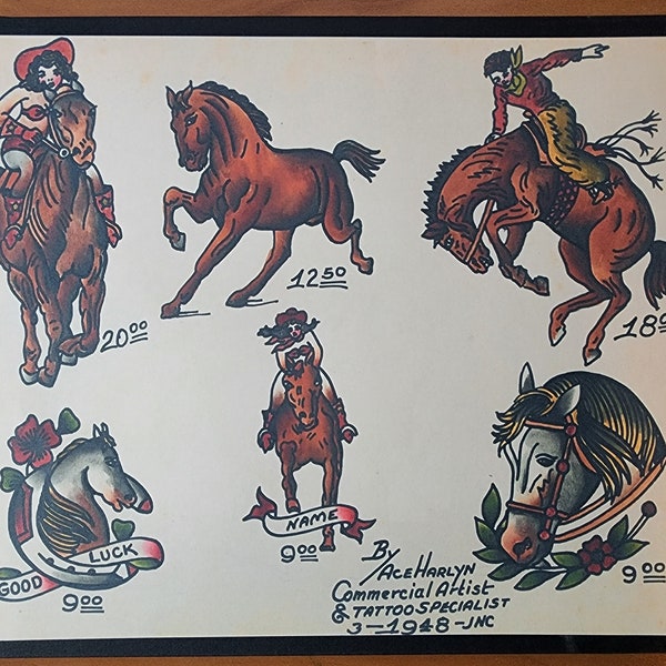 Ace Harlyn Traditional Vintage Style Tattoo Flash Sheet 11x14" Cowboys, Western, Horses