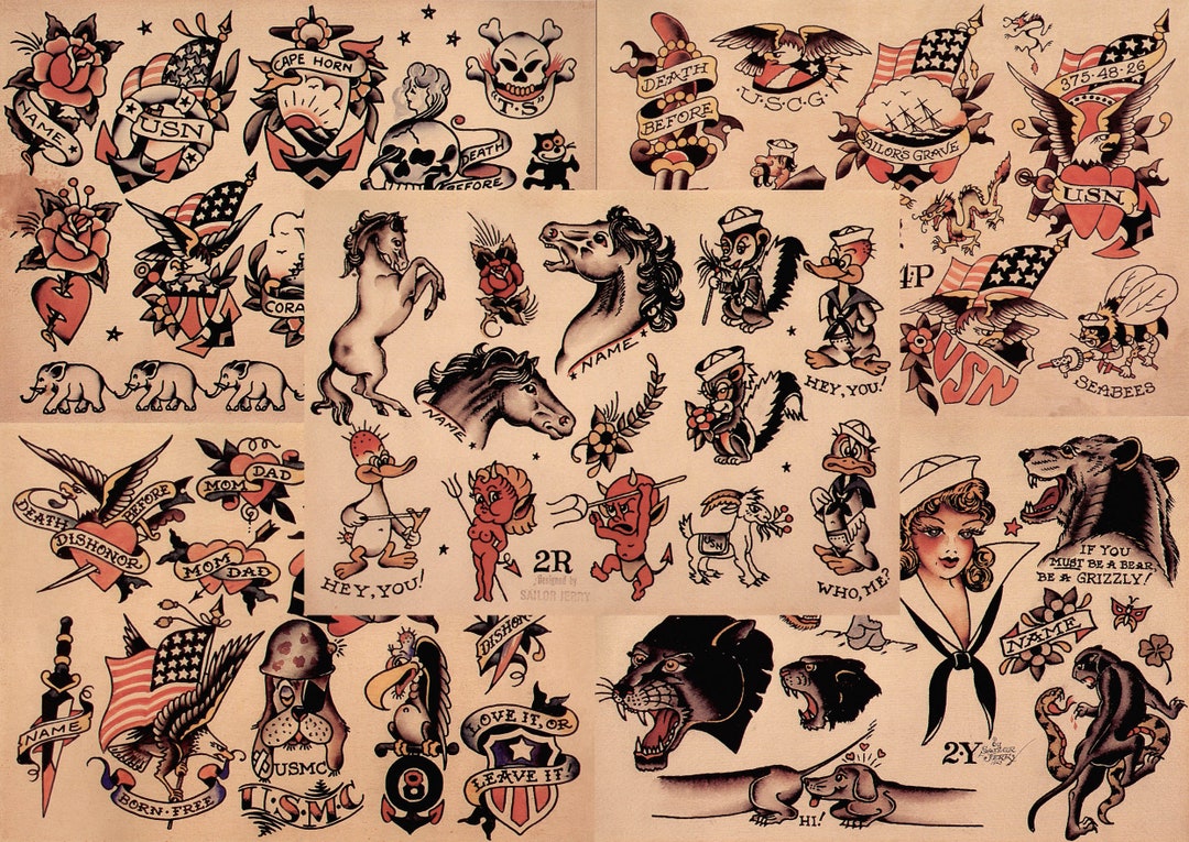 Sailor Jerry Traditional Vintage Style Tattoo Flash 5 Sheets 11x14 Old School Great for Tattoo Shop Display, Sign, Artwork, Pinup Girl Set 7 - Etsy UK Sailor Jerry Traditional Vintage Style Tattoo Flash 5 Sheets 11x14 Old School Great for Tattoo Shop Display, Sign, Artwork, Pinup Girl Set 7 - Etsy UK