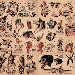 Sailor Jerry Traditional Vintage Style Tattoo Flash 5 Sheets 11x14 Old School Great For Tattoo Shop Display, Sign, Artwork, Pinup Girl Set 7