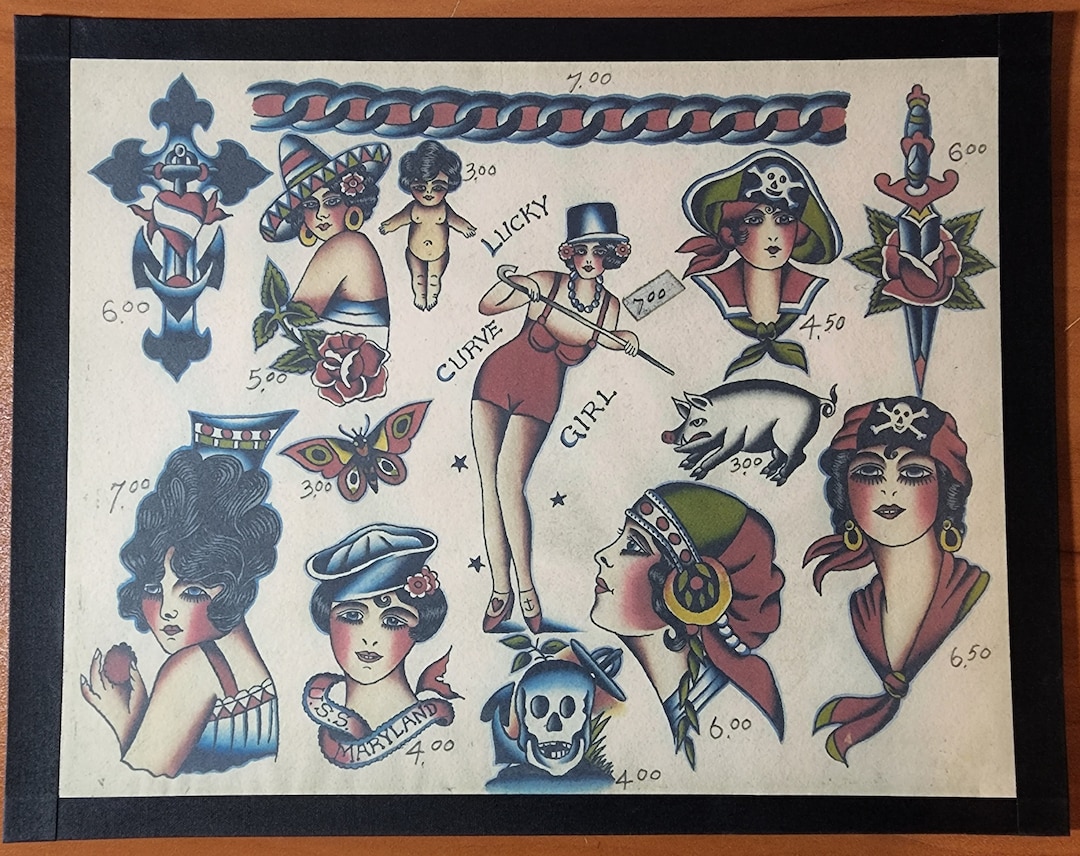 Owen Jensen Traditional Vintage Style Tattoo Flash Sheet 11x14