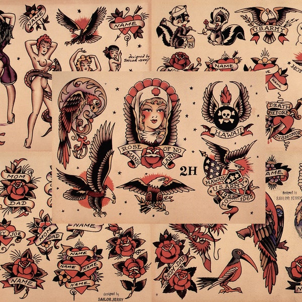 Sailor Jerry Traditional Vintage Style Tattoo Flash 5 Sheets 11x14 Old School Great For Tattoo Shop Display, Sign, Artwork, Pinup Girl Set 8