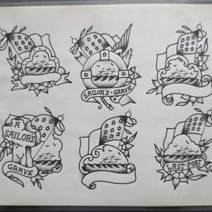 Huck Spaulding, Spaulding & Rogers Traditional Vintage Style Tattoo Flash Sheet, Sailors Grave, ecc.