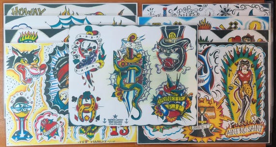 9 Sheets of Eric Maaske Traditional Vintage Classic Tattoo