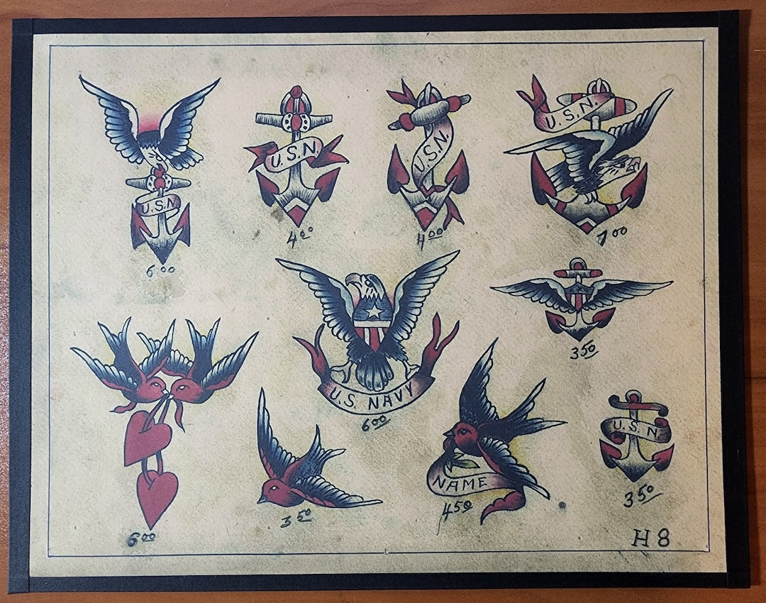 Artist Unknown Traditional Vintage Style Tattoo Flash Sheet 11x14\, image size:1080x850