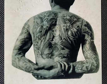 Vintage Percy Waters Traditional Tattoo Artist, Tattooed Man Photo Post Card, Old Tattoo Back Piece Picture