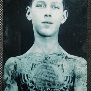Vintage Tattoo Chest Piece By Charlie Wagner Traditional Tattoo Artist Photo B&W 4X6 Old Picture