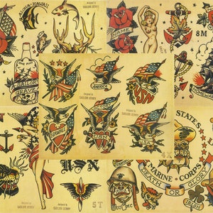 Sailor Jerry Traditional Vintage Style Tattoo Flash 5 Sheets 11x14 Old School Great For Tattoo Shop Display, Sign, Artwork, Pinup Girl Set E