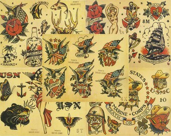 Sailor Jerry Traditional Vintage Style Tattoo Flash 5 Sheets 11x14 Old School Great For Tattoo Shop Display, Sign, Artwork, Pinup Girl Set E