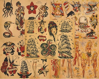 Sailor Jerry Traditional Vintage Style Tattoo Flash 5 Sheets 11x14
