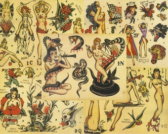 Sailor Jerry Traditional Vintage Style Tattoo Flash 5 Sheets 11x14 Old School Great For Tattoo Shop Display, Sign, Artwork, Pinup Girl Set C