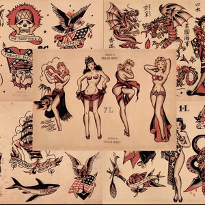 Sailor Jerry Traditional Vintage Style Tattoo Flash 5 Sheets 11x14 Old School Great For Tattoo Shop Display, Sign, Artwork, Pinup Girl Set 9