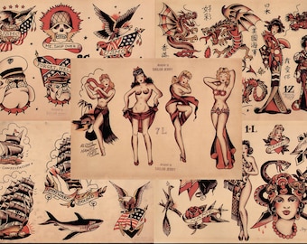 May include: A collection of vintage-style tattoo flash art featuring nautical themes, pin-up girls, eagles, dragons, and military imagery. The designs are rendered in a classic style with bold lines and a limited color palette of red, black, and yellow.