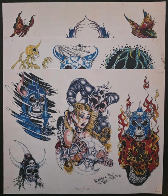 Lot of 3 Mickie Kott Traditional Tattoo Flash Production Sheets