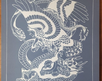 Percy Waters Traditional Vintage Style Tattoo Flash Sheet Battle Royal USA No 21 Snake, Eagle, Dragon