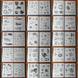 Puede incluir: Una colección de 40 pequeños libros de diseño de tatuajes en blanco y negro. Cada libro está abierto para revelar una variedad de diseños, incluyendo patrones florales, geométricos y abstractos.