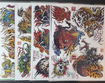 Lot Of 4 2000 Tim Lehi Traditional Vintage Japanese Style Tattoo Flash Sheets Dragons