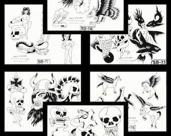 RARE 1970's Sailor Barney Traditional Vintage Style Tattoo Flash Set 10 Sheets Set 8