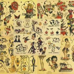 Sailor Jerry Traditional Vintage Style Tattoo Flash 5 Sheets 11x14 Old School Great For Tattoo Shop Display, Sign, Artwork, Pinup Girl Set B