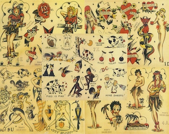 Sailor Jerry Traditional Vintage Style Tattoo Flash 5 Sheets 11x14 Old School Great For Tattoo Shop Display, Sign, Artwork, Pinup Girl Set B