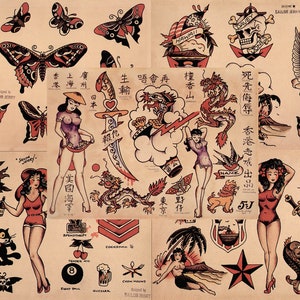 Sailor Jerry Traditional Vintage Style Tattoo Flash 5 Sheets 11x14 Old School Great For Tattoo Shop Display, Sign, Artwork, Pinup Girl Set 5