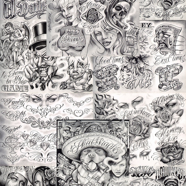 Boog From The Streets With Love Gangsta Style Tattoo Flash 10 Sheet Set 11x14" J, Great Tattoo Shop Investment For Display, Lowrider Artwork