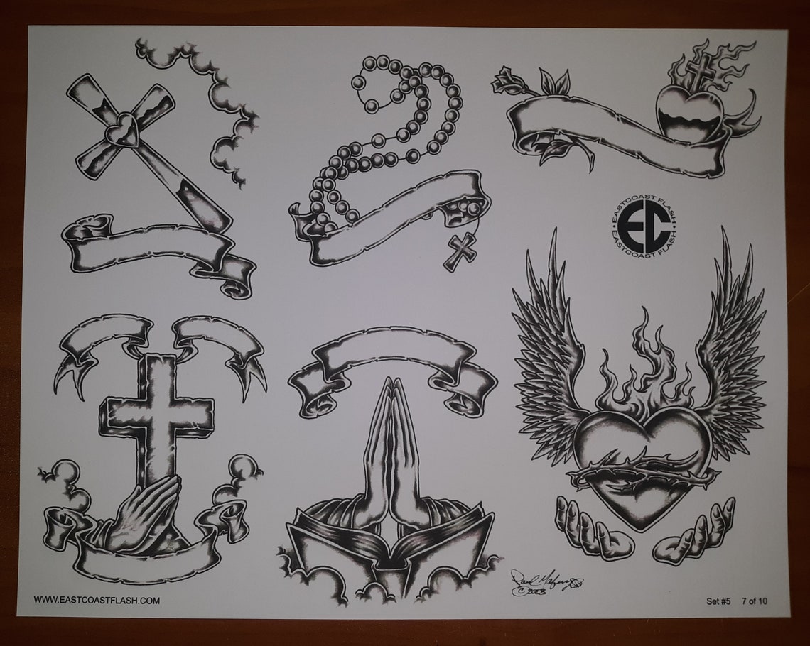 Black and Gray Religious Tattoo Flash 10 Sheets W/ Lines Etsy