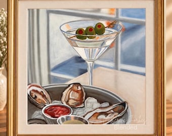 Original Chalk Drawing: Martini & Oysters Still Life | Coastal Kitchen Art (8x8)