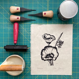California Poppy hand carved and hand pressed linoleum block print
