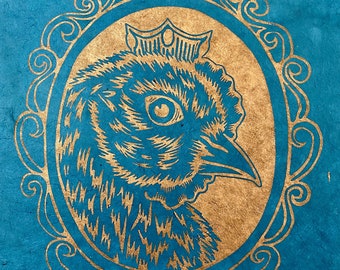 Queen of the Chickens - Hand-Carved & Hand-Pressed Linoleum Block Print