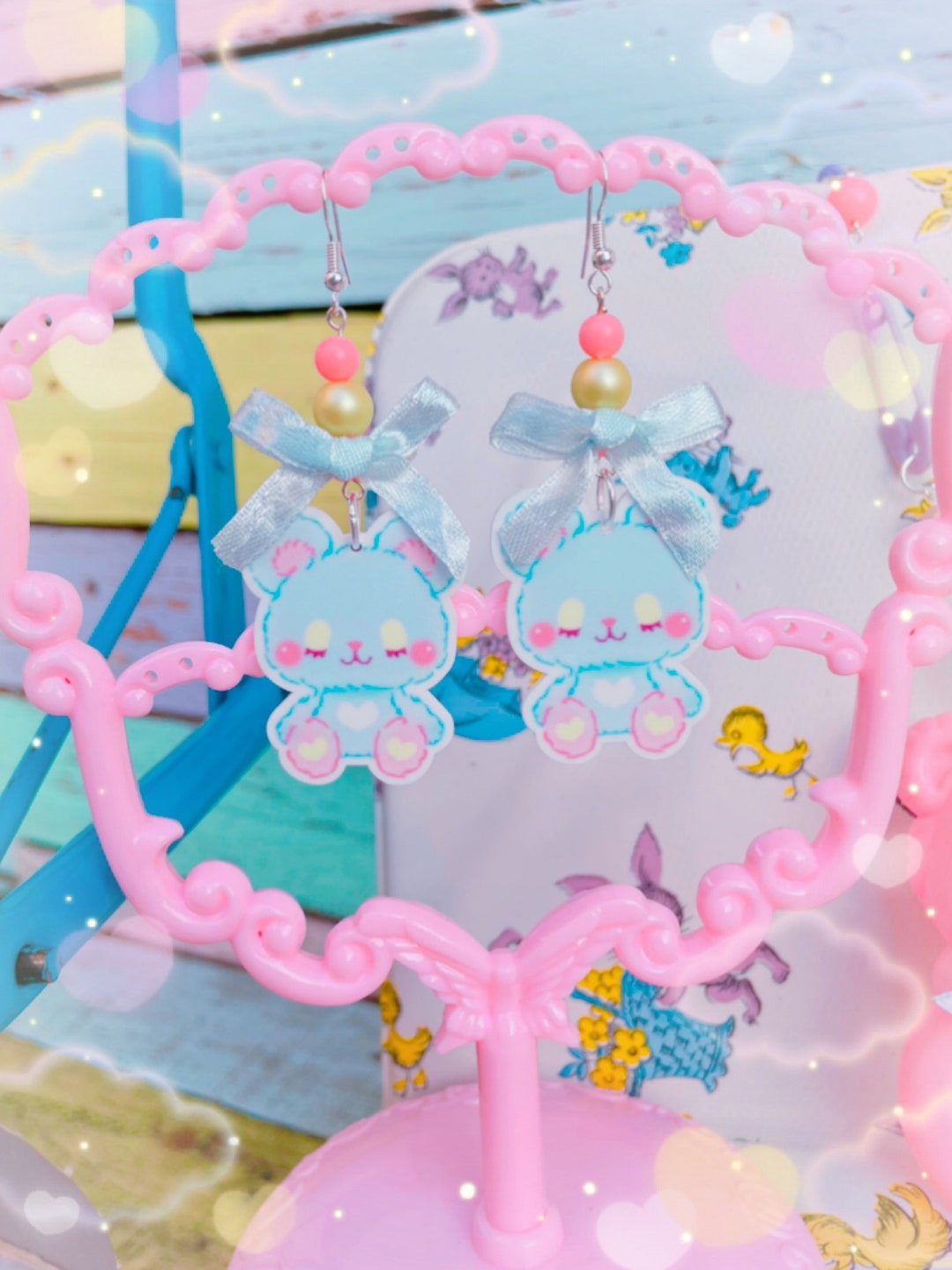 Kitschy Kawaii Pastel Kidcore Blue Bear Bead Dangle Hook Earrings Etsy
