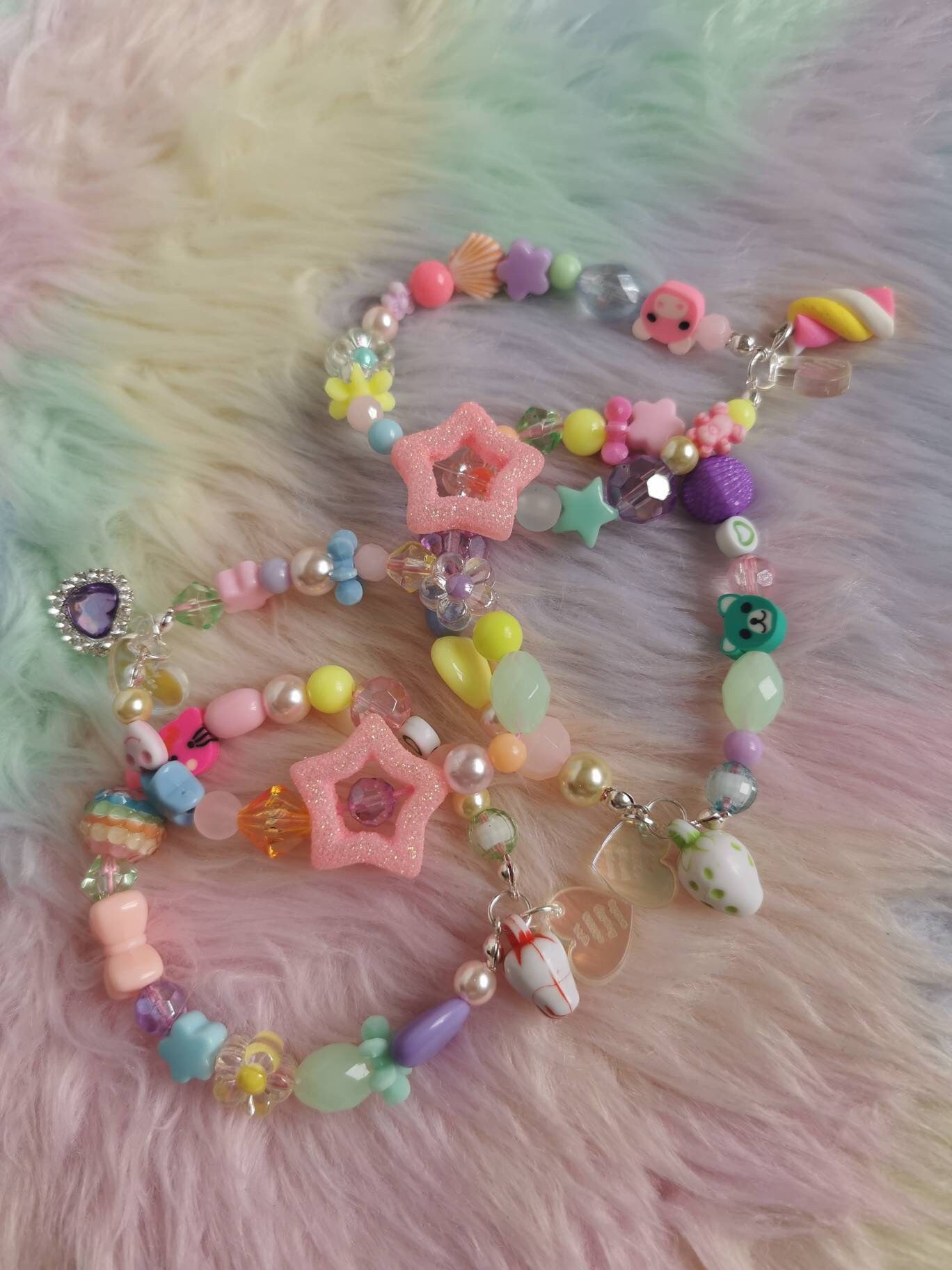 Kitschy Kawaii Kidcore Green Bear Strawberry Bead Rainbow Etsy