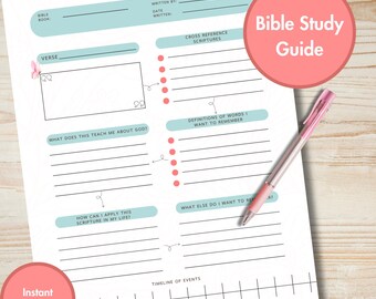 May include: A white Bible Study Guide with light blue and pink accents. The guide includes sections for verses, cross-references, and personal reflections. A pink pen rests on the page, and a pink circle reads "Bible Study Guide".