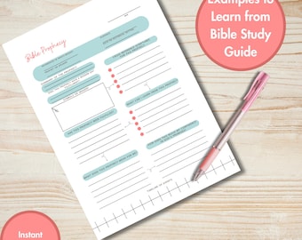 May include: A white Bible study guide titled "Bible Prophecy" with teal and pink accents. The guide includes fill-in sections and the text "Examples to Learn from Bible Study Guide." A pink pen rests on the page. The words "Instant Download!" are in a pink circle.