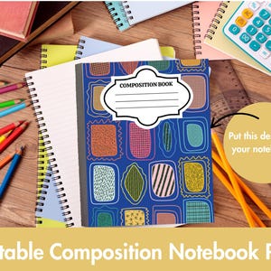 Peut inclure: Un cahier de composition avec une couverture bleue ornée de formes abstraites colorées. Le cahier porte une étiquette blanche avec l'inscription "COMPOSITION BOOK". Des crayons, des cahiers et une calculatrice sont disposés autour du cahier.
