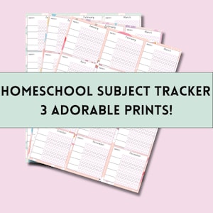 May include: Homeschool subject tracker with three adorable prints. The image shows several pages of a planner with monthly calendars, each with a grid of circles for tracking subjects. The pages have pastel colors.