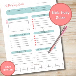 May include: A white Bible Study Guide with light blue and pink accents. The guide includes sections for verses, cross-references, and personal reflections. A pink pen rests on the page, and a pink circle reads "Bible Study Guide".