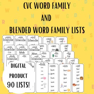 May include: Flashcards for CVC word families and blended word lists. The cards are white with black text, featuring words like "bag," "cap," and "gum." The image includes the text "DIGITAL PRODUCT 90 LISTS!" on a yellow background.