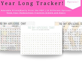 May include: A pink and white printable homeschool chart with the text "180 Day Homeschool Chart Year Long Tracker!" and "12 Different Options!". The chart includes spaces for tracking grades and ages, with the text "Adorable Prints | Easily Print the PDF | 12 Different Options!"