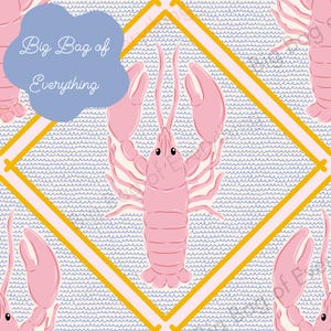 Op de afbeelding: Een herhalend patroon met roze kreeften op een lichtblauwe golvende achtergrond, omlijst door gele en witte ruitvormen. Een blauw, wolk-vormig tekstvak leest "Big Bag of Everything".