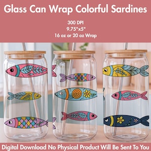 Sardine Glass Can Wrap PNG Digital File 16 oz Glass Can Wrap 300 DPI Sublimation Printed Vinyl Transparent Wrap UVDFT