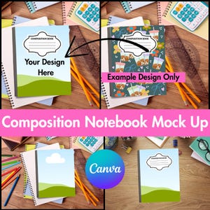 Puede incluir: Maqueta de cuaderno de composición con un diseño de portada azul y verde. El cuaderno presenta una etiqueta blanca que dice "COMPOSITION BOOK" y el texto "Your Design Here". La imagen también muestra lápices, una calculadora y una regla.