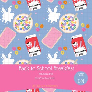 May include: A seamless pattern featuring breakfast items on a blue grid background. The design includes bowls of colorful cereal, milk cartons with a cow graphic, pink frosted pastries, and donuts. The text "Back to School Breakfast" is displayed.