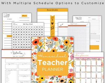 May include: Homeschool Teacher Planner with floral design. The planner includes a 180-day chart, daily to-do checklist, subject tracker, and a monthly calendar.